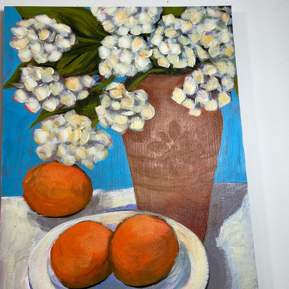 Original Painting White Abstract Flowers in Tara Carta Vase & Fruit Kitchen Art